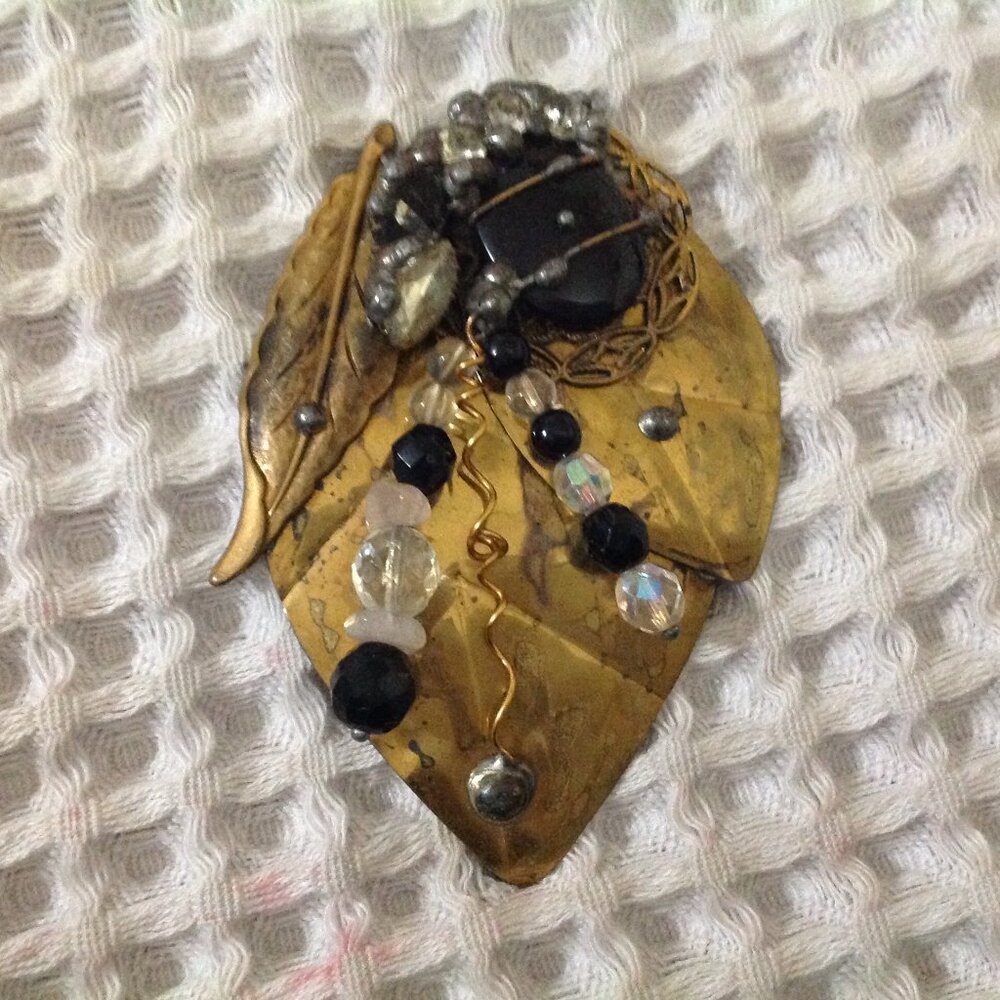 Vintage Abstract Large Multi Media Layered Brass Beaded Brooch